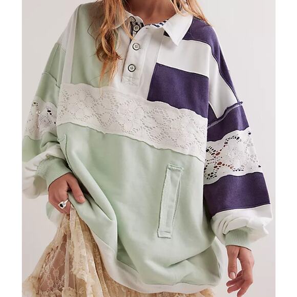 Free People We The Free, Striped, Multicolored, Oversized, Polo Top NWOT- L - Picture 2 of 10